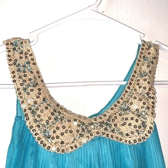 Sleeveless Teal Pleated Dress With Sequin Collar - Picture 3 of 10